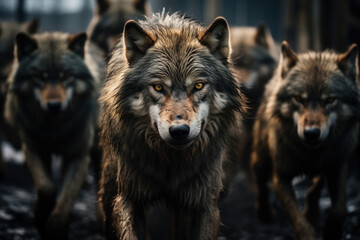 A pack of wolves working together to hunt, exemplifying the intricate social structures within wildlife communities. Concept of cooperation and hierarchy in the animal kingdom. Generative Ai.