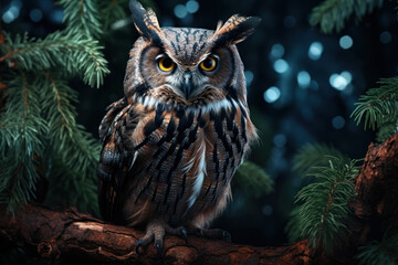 A solitary owl perched on a tree branch, representing the enigmatic and wise nature often associated with these nocturnal birds. Concept of wisdom in wildlife symbolism. Generative Ai.