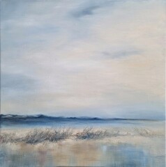 Abstract painting sea and grass, contemporary art. Hand made art. Blue texture oil on canvas, brushstrokes, painting with strokes 