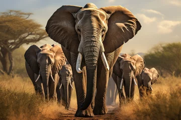 Fotobehang A wise old elephant leading its herd through the grasslands, showcasing the familial and leadership dynamics within elephant communities. Concept of family bonds in wildlife. Generative Ai. © Sebastian