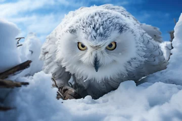 Poster A stealthy snow owl hunting in the Arctic tundra, symbolizing the mastery of adaptation to extreme climates. Concept of wildlife survival in harsh environments. Generative Ai. © Sebastian