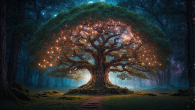 Glowing Yggdrasil sacred tree. Scandinavian mythology.