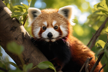 A charismatic red panda nestled in a tree, representing the charm and uniqueness of lesser-known species in the animal kingdom. Concept of the diversity of lesser-known wildlife. Generative Ai.