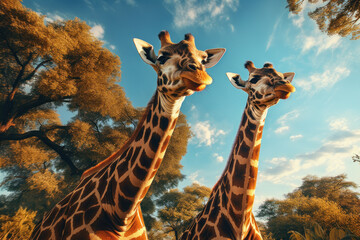 A pair of giraffes gracefully stretching their necks to reach high branches, symbolizing the...