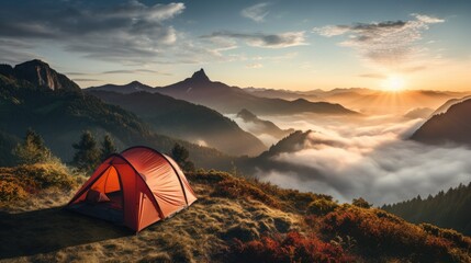 Camping on the top of a mountain in the morning mist