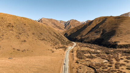 Drone perspective photo of the extreme terrain of the Lindis Pass alpine mountain pass