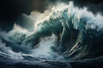 Tempestuous waves, tumultuous and alive, expressing the storm's fury as they surge and clash in a...