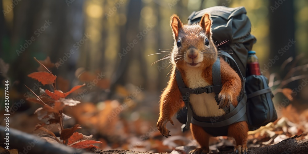 Poster A squirrel with a backpack on its back. Generative AI.