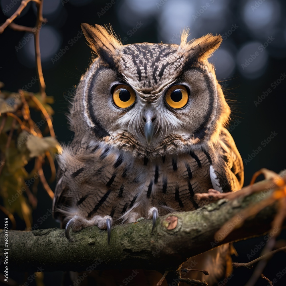 Poster a close up of an owl sitting on a branch. generative ai.