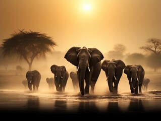 Fototapeta na wymiar A herd of elephants walking across a river. Generative AI.