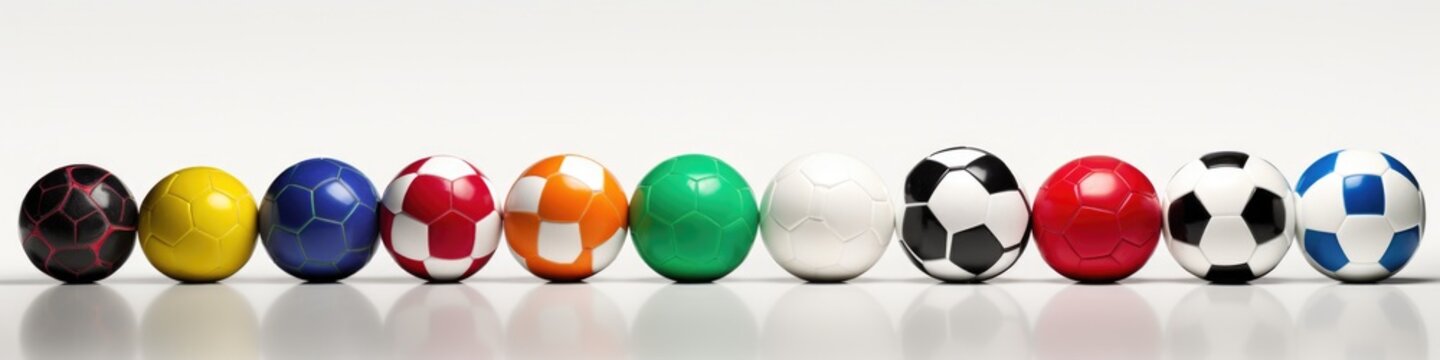 A row of soccer balls lined up in a row. Generative AI.