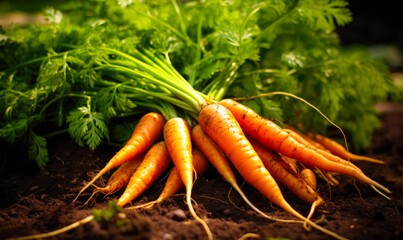 Carrot plants are seen on ground within a greenhouse in the foreground