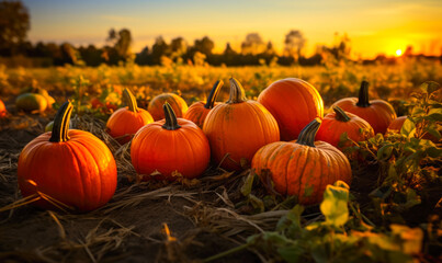 Pumpkins adorn the field as the sun sets.