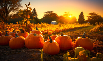Field bathed in sunset glow with pumpkins scattered around.