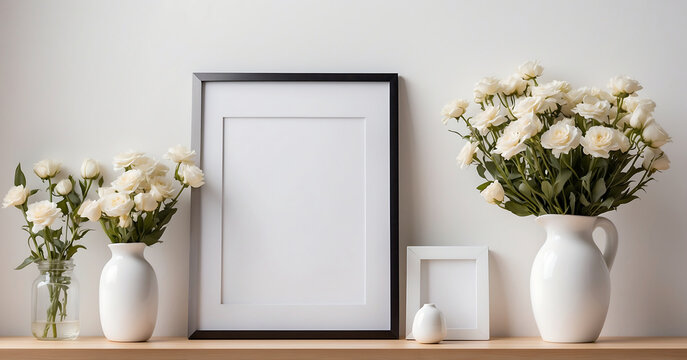 Picture frame next to a vintage vase of White Rose flowers, on a white table, white border frame, poster composition, white background.