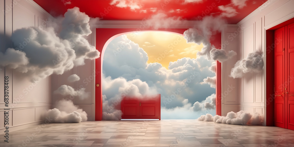 Wall mural 3d render, abstract background. clouds flying inside the red room. architectural showcase scene with