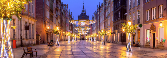 Panorama of Golden gate of Long market decorated with Christmas illuminations, Gdansk, Poland.
