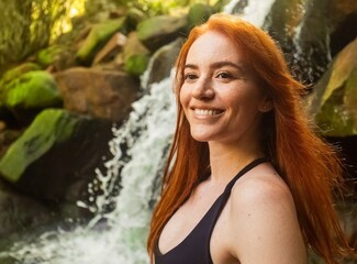 Redhead woman enjoy at waterfall on vacation