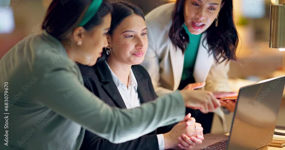 Canvas Prints Laptop, collaboration and business women in the office together for research, ideas or discussion. Technology, teamwork and explain with a happy young employee group talking in the workplace at night