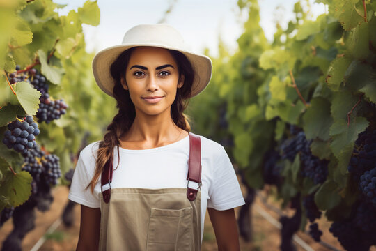 Latin American woman vineyard worker posing among grape vines in vineyard