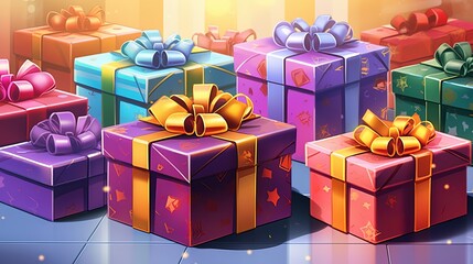 Fototapeta premium Cartoonish Christmas presents clipart in vibrant, colorful hues