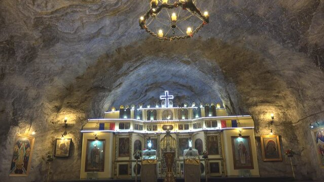 St Varvara underground church inside Tg Ocna saline mine in Romania, tilt up