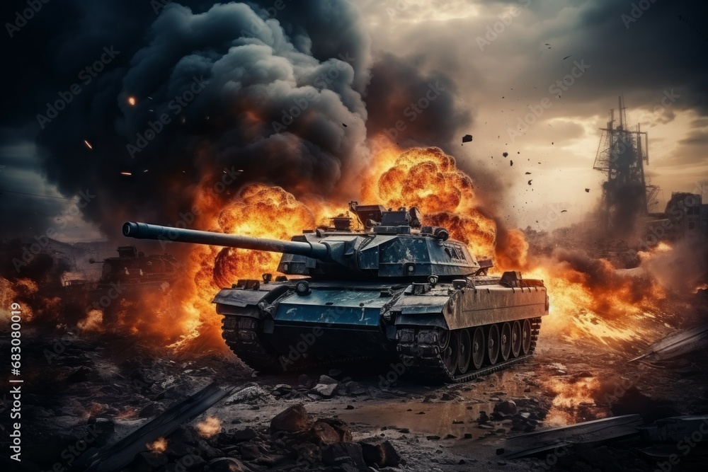 Poster tank in the fire of war. background with selective focus and copy space