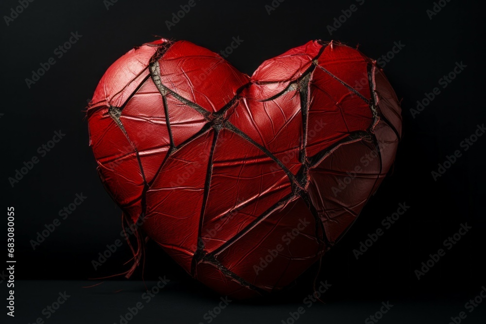 Poster broken heart with cracks. background with selective focus and copy space