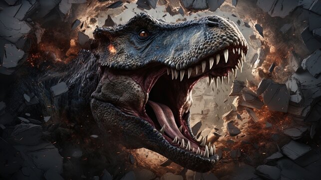 The wall shattered as a Tyrannosaurus Rex burst through