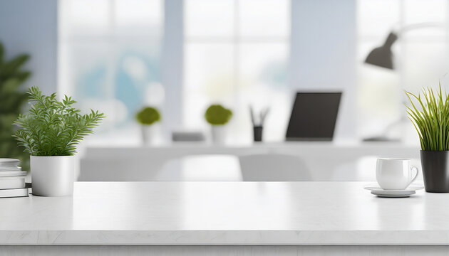 A white tabletop for displaying your product over a blurred bright office room in the background.
