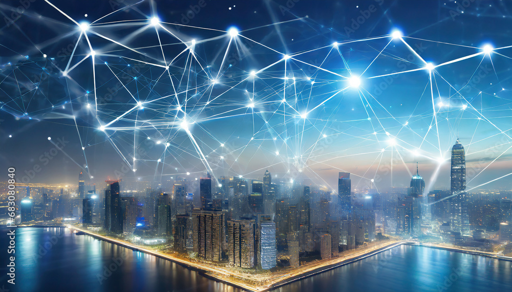 Poster celestial connections and networking concept with abstract business city background