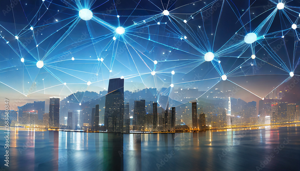 Poster celestial connections and networking concept with abstract business city background