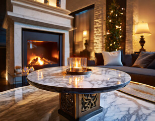 Close-up image of a luxury marble table in a beautiful cosy living room with a fireplace at night.