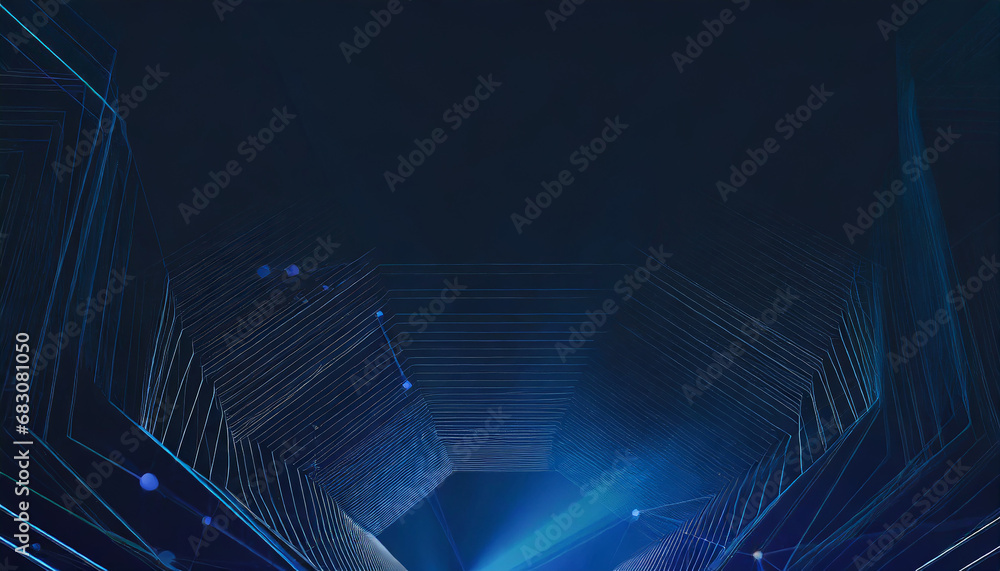 Poster digital hexagon abstract background in blue tones with light trajectories
