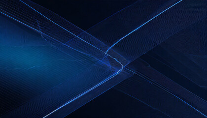 Digital hexagon abstract background in blue tones with light trajectories