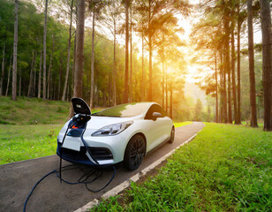 Electric car and EV electrical energy for environment, EV car on forest road with green grass in sunrise