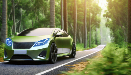 Electric car and EV electrical energy for environment, EV car on forest road; green environmentally friendly transport concept