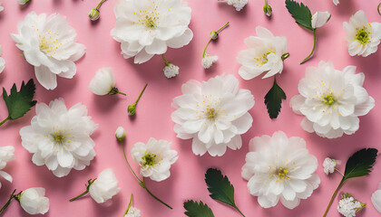 floral pattern of white flowers on pink background; flat lay