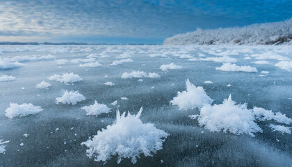ice snow crystals background on a lake, winter frozen sea