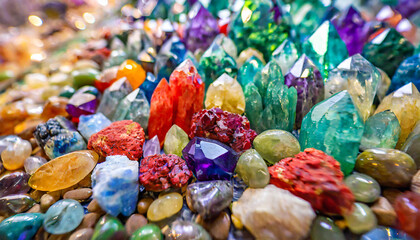 Fototapeta na wymiar Multi-colored crystal mineral stone. Gems. Mineral crystals in the natural environment. Texture of precious and semiprecious stones. shiny surface of precious stone
