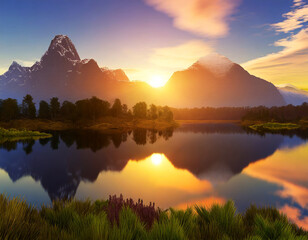 nature landscape with beautiful sunset and lake, mountain and reflection