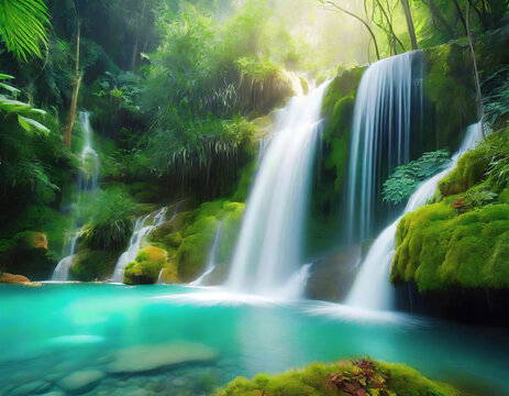 nature background; beautiful dreamy image of waterfall in tropical forest