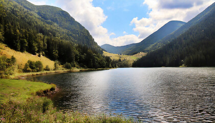Fototapeta na wymiar nature photo of a lake in the middle of mountains