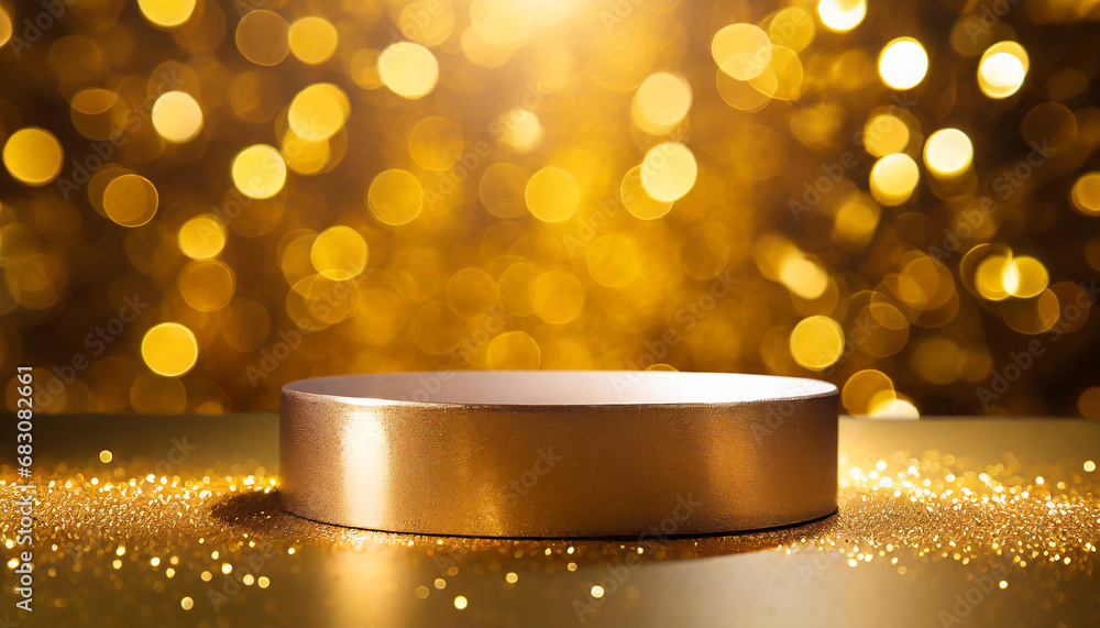 Poster podium on a golden background with blurred bokeh., place for text or advertising; empty platform; ab