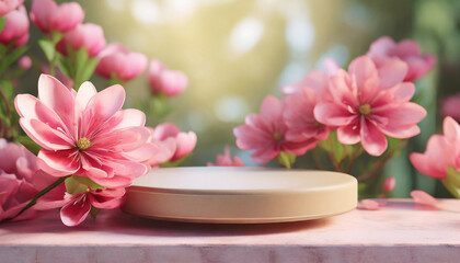 Obraz na płótnie Canvas spring podium for a product presentation with pink flowers; vintage style
