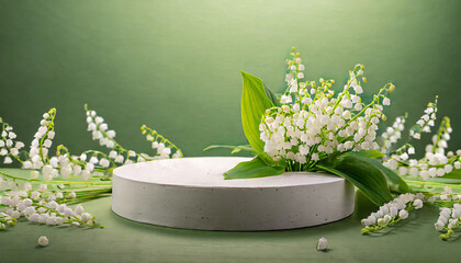 spring podium fospring podium for a product presentation with lilies of the valleyr a product presentation with flowers and green leaves