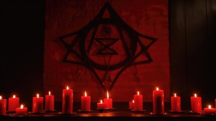 Mystical bright red pentagram on the wall. Candles in a dark room. AI generative.