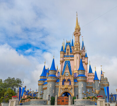 Cinderella Castle in the new pink and blue paint