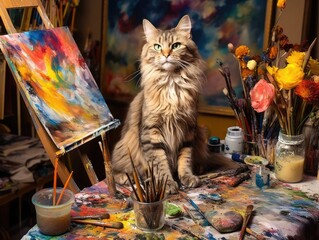 Cat Painting, Painter Cat Portrait, Artistic Workshop, Professional Kitty Painter Works at Home