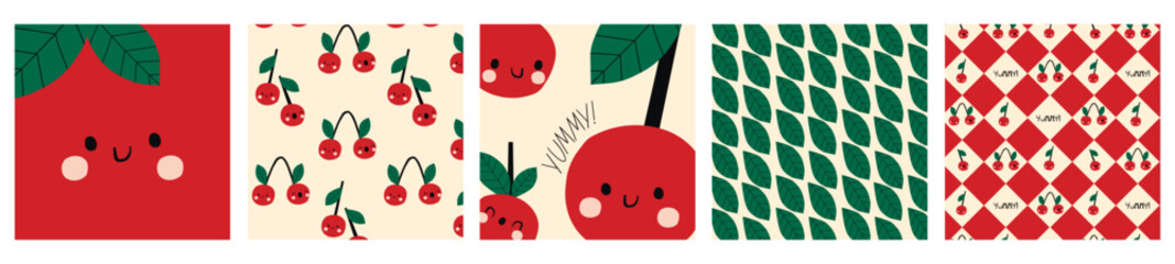 set of cards design and seamless patterns with cute fresh cherry and greenery. Summer print with Cherry. Cute print for fabric or wallpaper. Cute berry character illustration